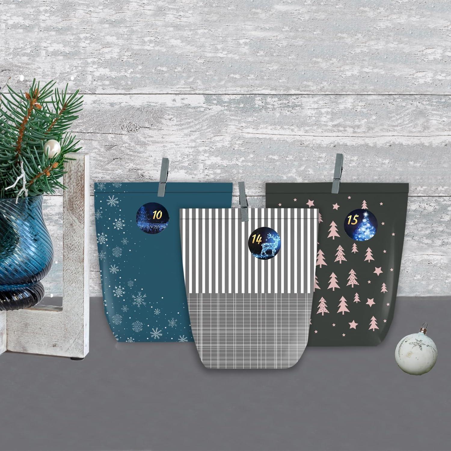 PANSIBY 24-teiliger DIY Adventskalender zum Befüllen Blau Grau Schwarz Grün