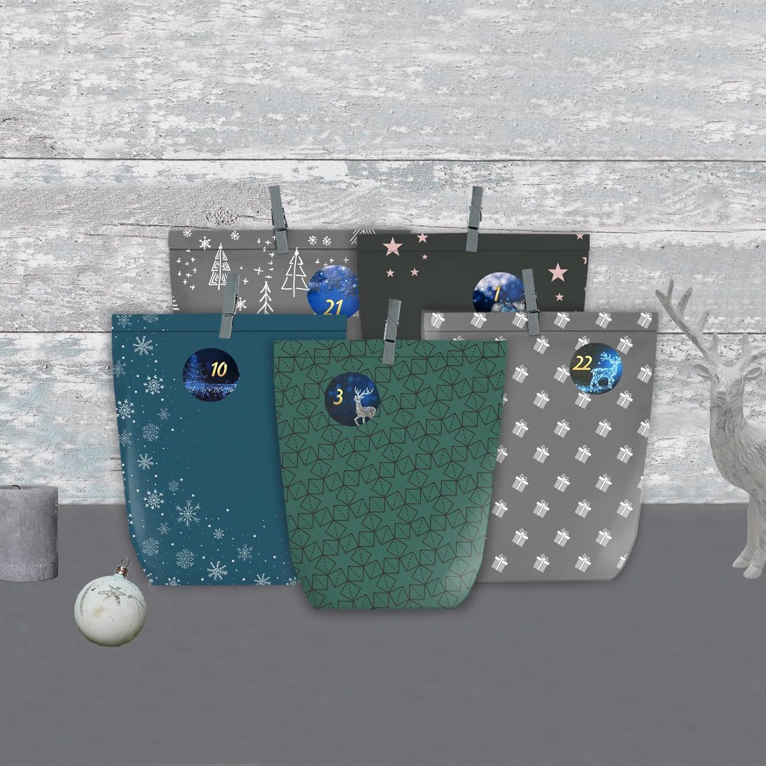 DIY Adventskalender Weihnachtskalender Set Papier Tüten Blau 24 Aufkleber