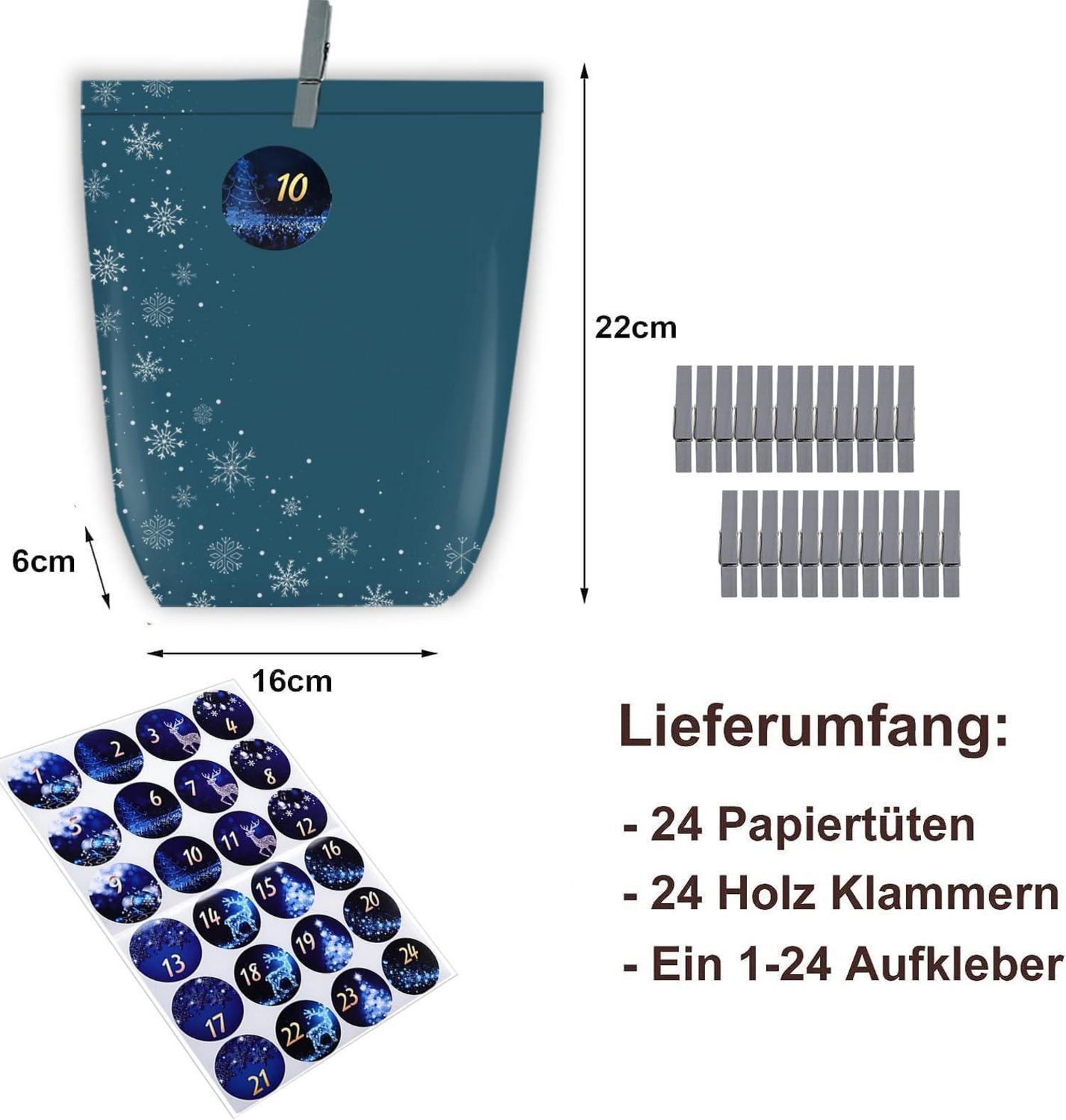 DIY Adventskalender Weihnachtskalender Set Papier Tüten Blau 24 Aufkleber