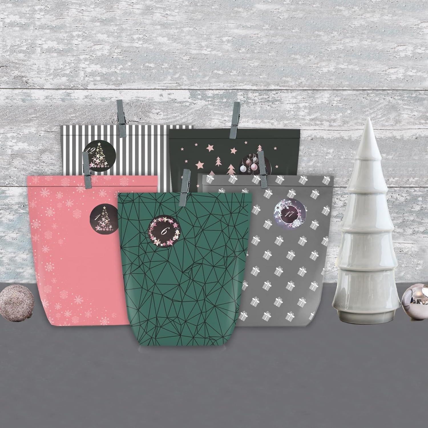 Adventskalender zum Befüllen 24 Weihnachtstüten mit Zahlensticker Rosa
