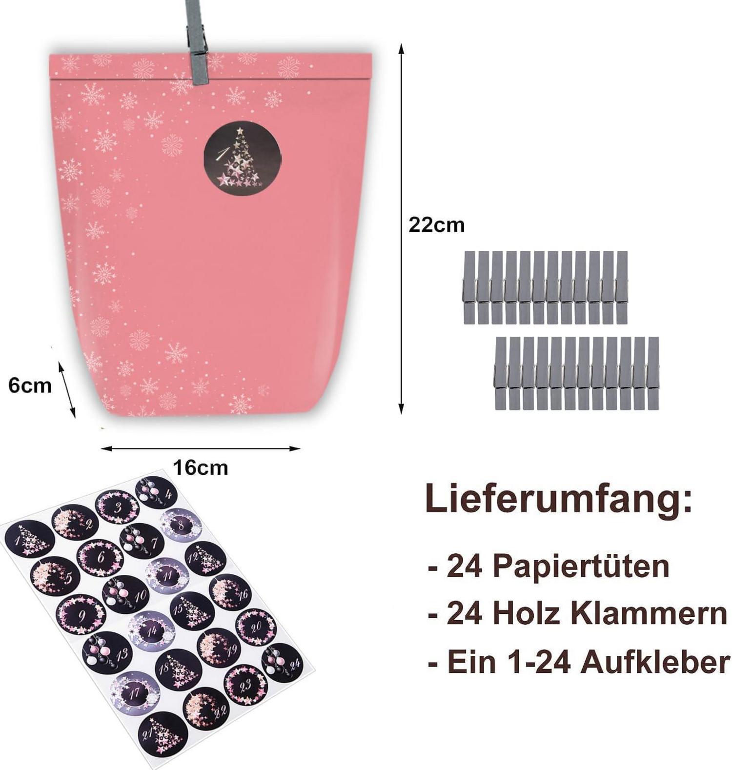 Adventskalender zum Befüllen 24 Weihnachtstüten mit Zahlensticker Rosa