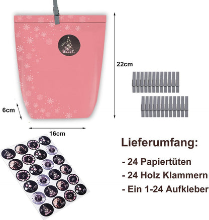 Adventskalender zum Befüllen 24 Weihnachtstüten mit Zahlensticker Rosa