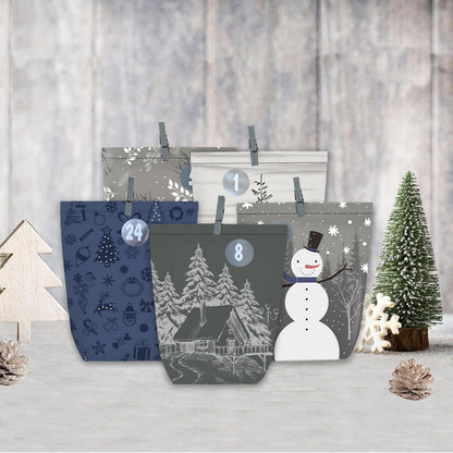 Adventskalender 24 Bastelset Papiertüten Zahlenaufkleber Blau Grau Grün