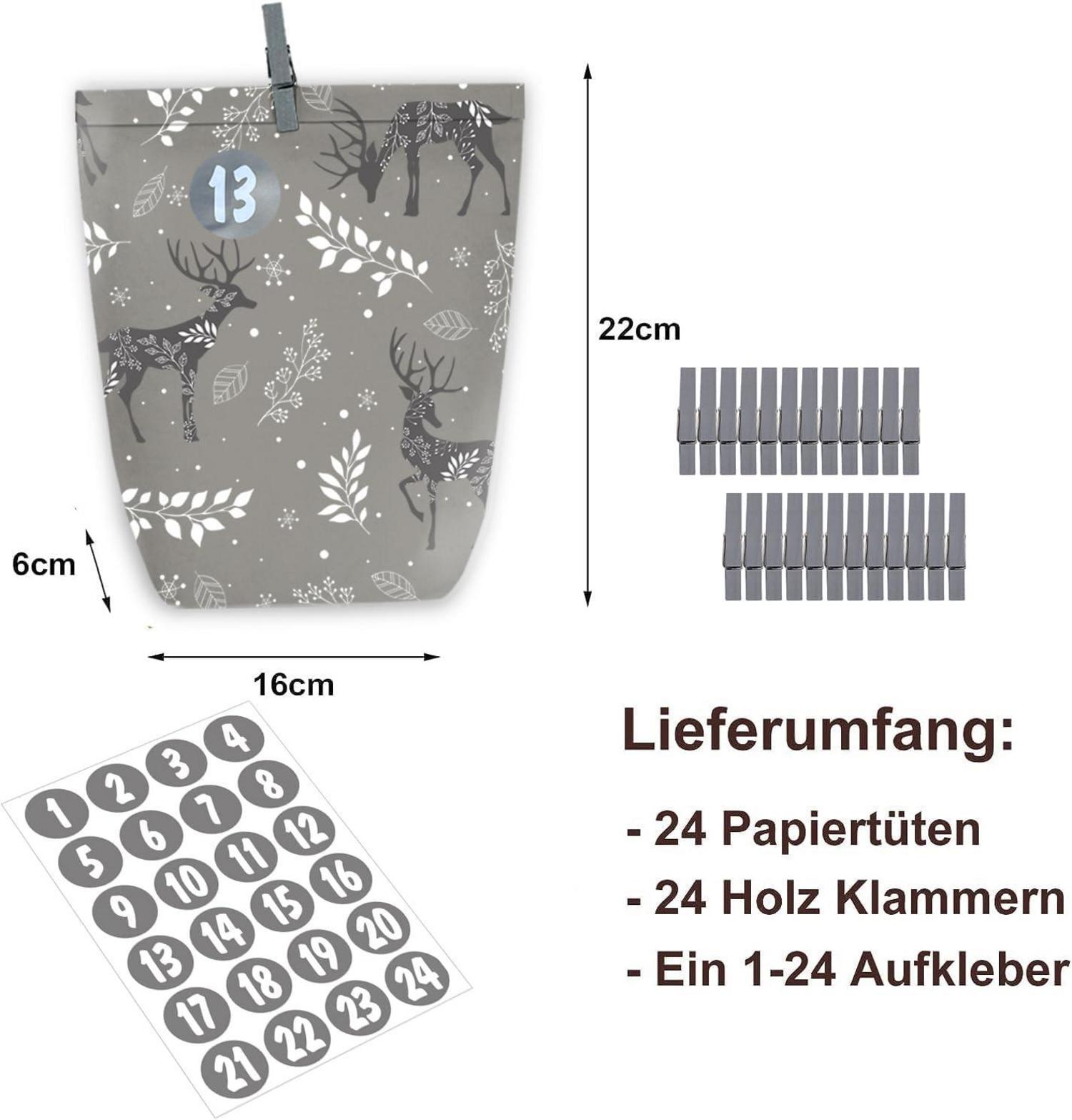 Adventskalender 24 Bastelset Papiertüten Zahlenaufkleber Blau Grau Grün