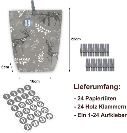 Adventskalender 24 Bastelset Papiertüten Zahlenaufkleber Blau Grau Grün