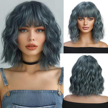 Kurze Blau Grau Natürliche Synthetische Perücke mit Pony