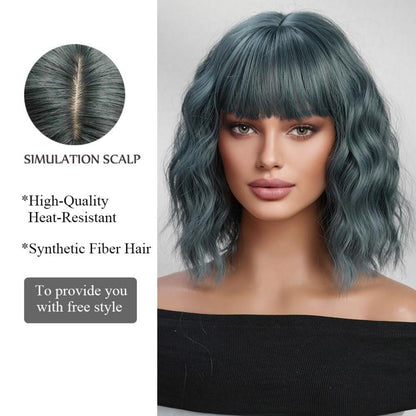Kurze Blau Grau Natürliche Synthetische Perücke mit Pony