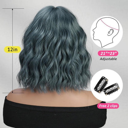 Kurze Blau Grau Natürliche Synthetische Haare Perücke mit Pony