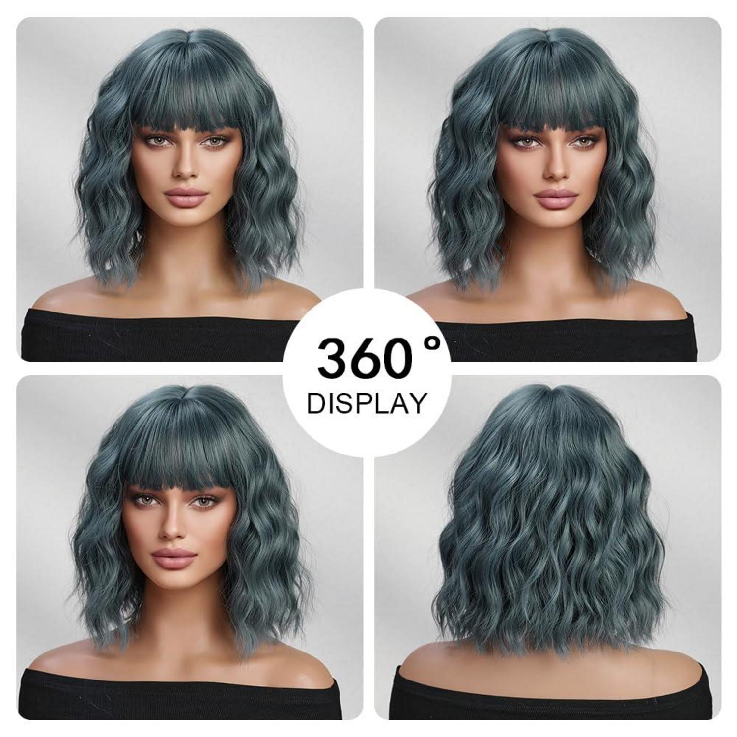 Kurze Blau Grau Natürliche Synthetik Perücke mit Pony für Party
