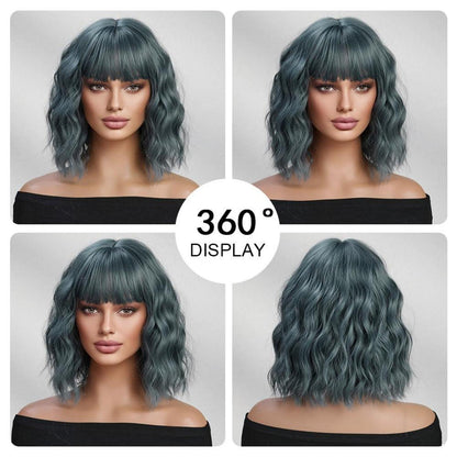 Kurze Blau Grau Natürliche Synthetik Perücke mit Pony für Party