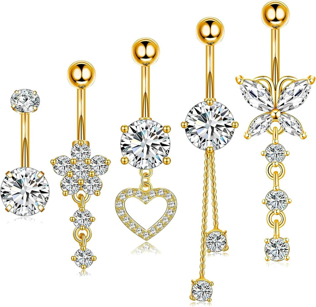 Bauchnabelpiercing Set Edelstahl Strass 5 Stück Schwarz Gold Silber