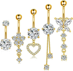 Bauchnabelpiercing Set Edelstahl Strass 5 Stück Schwarz Gold Silber