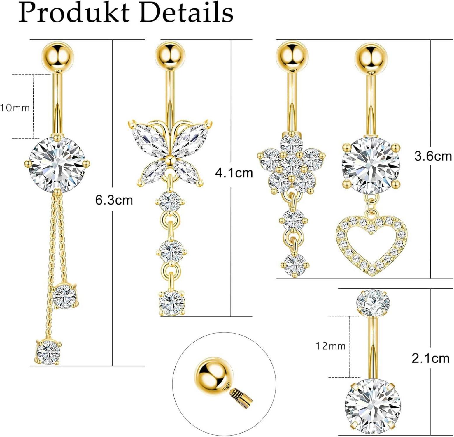 Bauchnabelpiercing Set Edelstahl Strass 5 Stück Schwarz Gold Silber