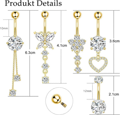 Bauchnabelpiercing Set Edelstahl Strass 5 Stück Schwarz Gold Silber