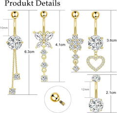 Bauchnabelpiercing Set Edelstahl Strass 5 Stück Schwarz Gold Silber