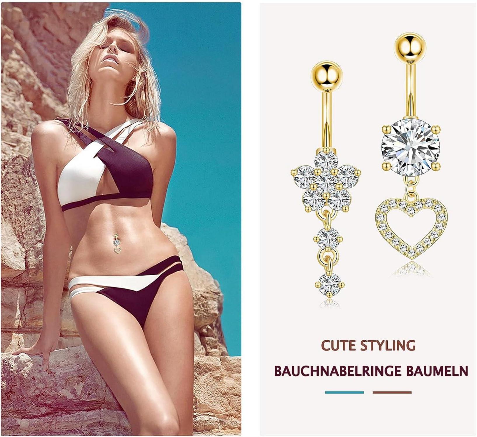 Bauchnabelpiercing Set Chirurgenstahl 10mm 12mm Strass Gold Silber 5 Stück