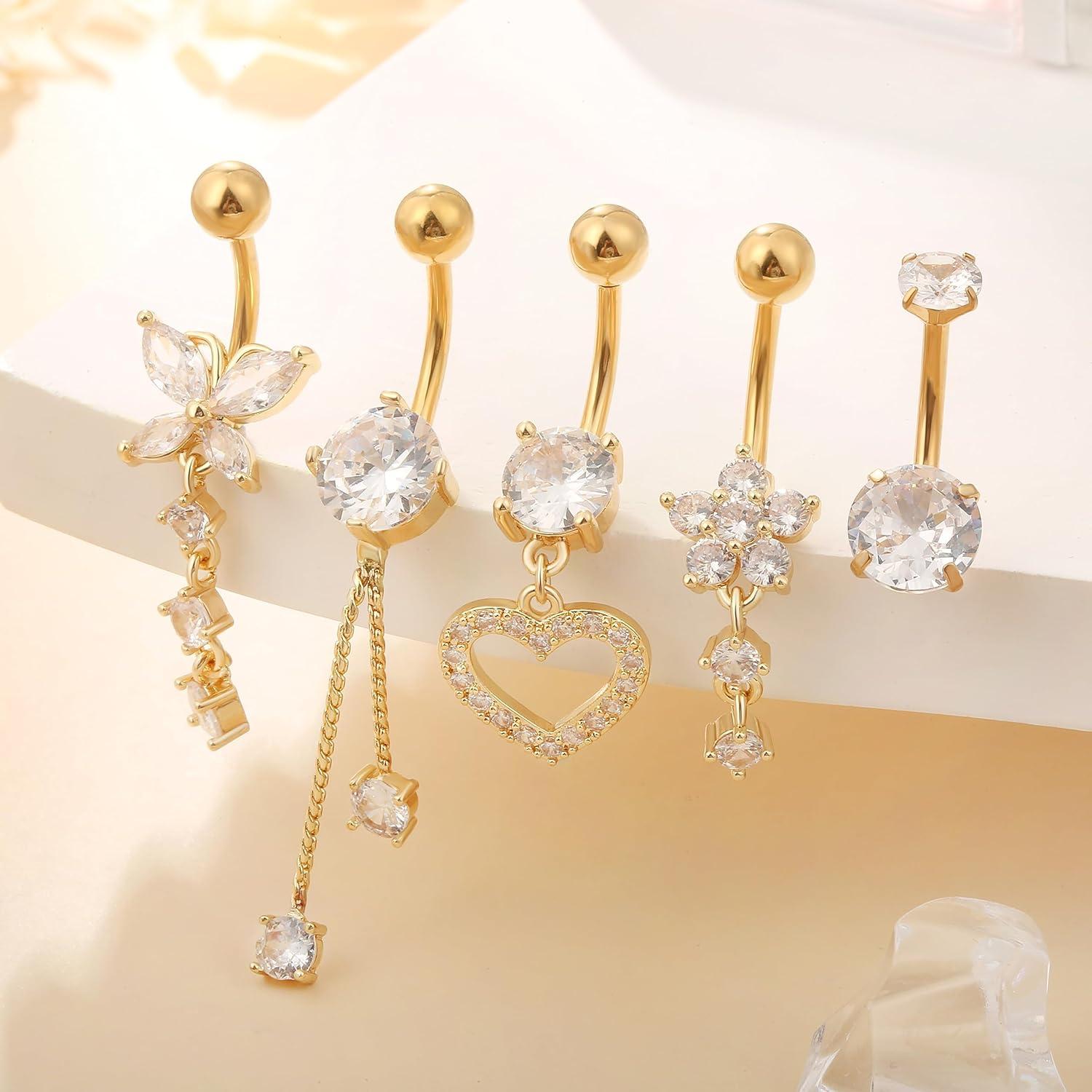 Bauchnabelpiercing Set 5 Stück Titan Strass Perlen Gold Silber