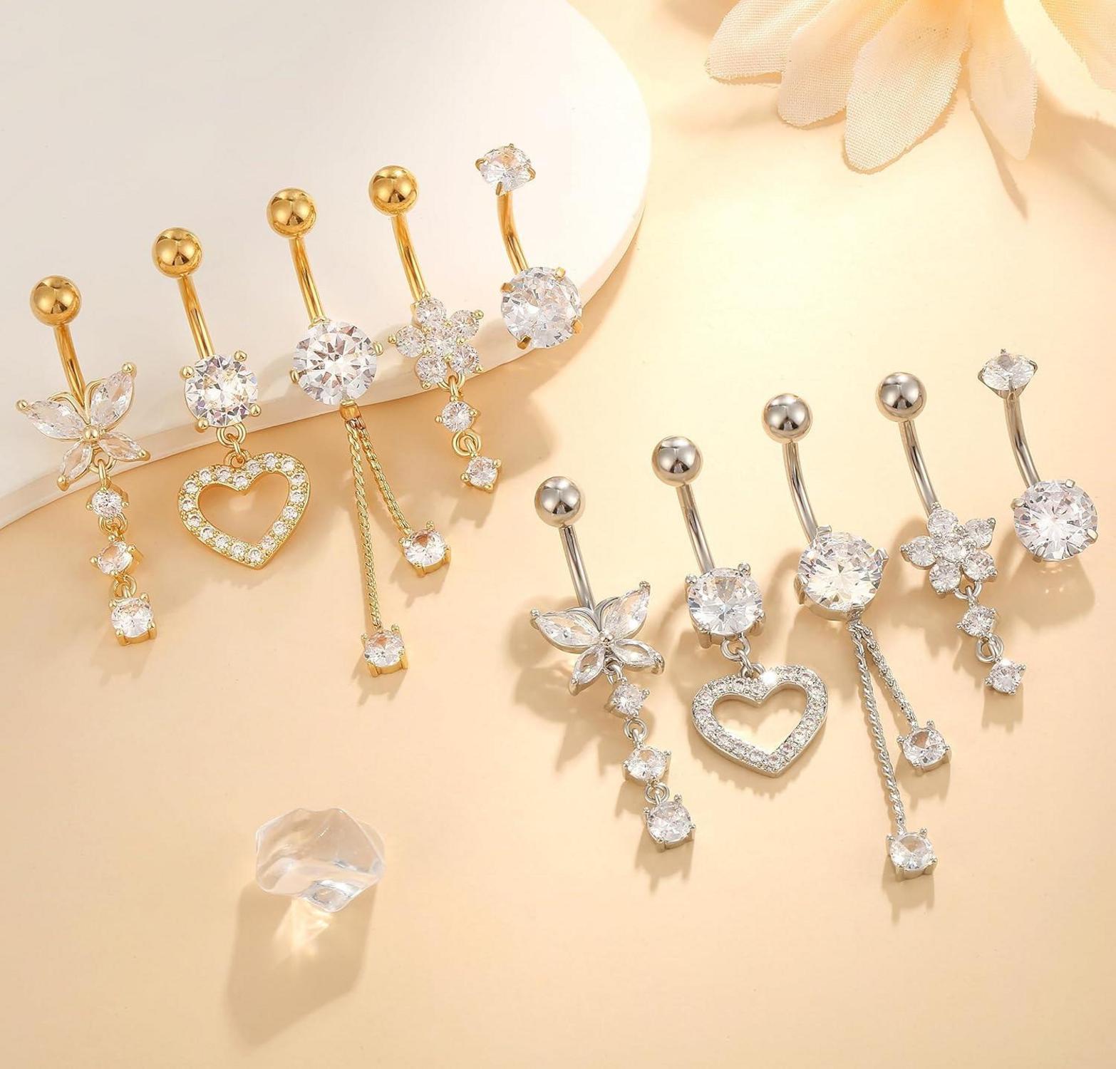 Bauchnabelpiercing Set Edelstahl Strass Gold Silber 5 Stk 10mm 12mm