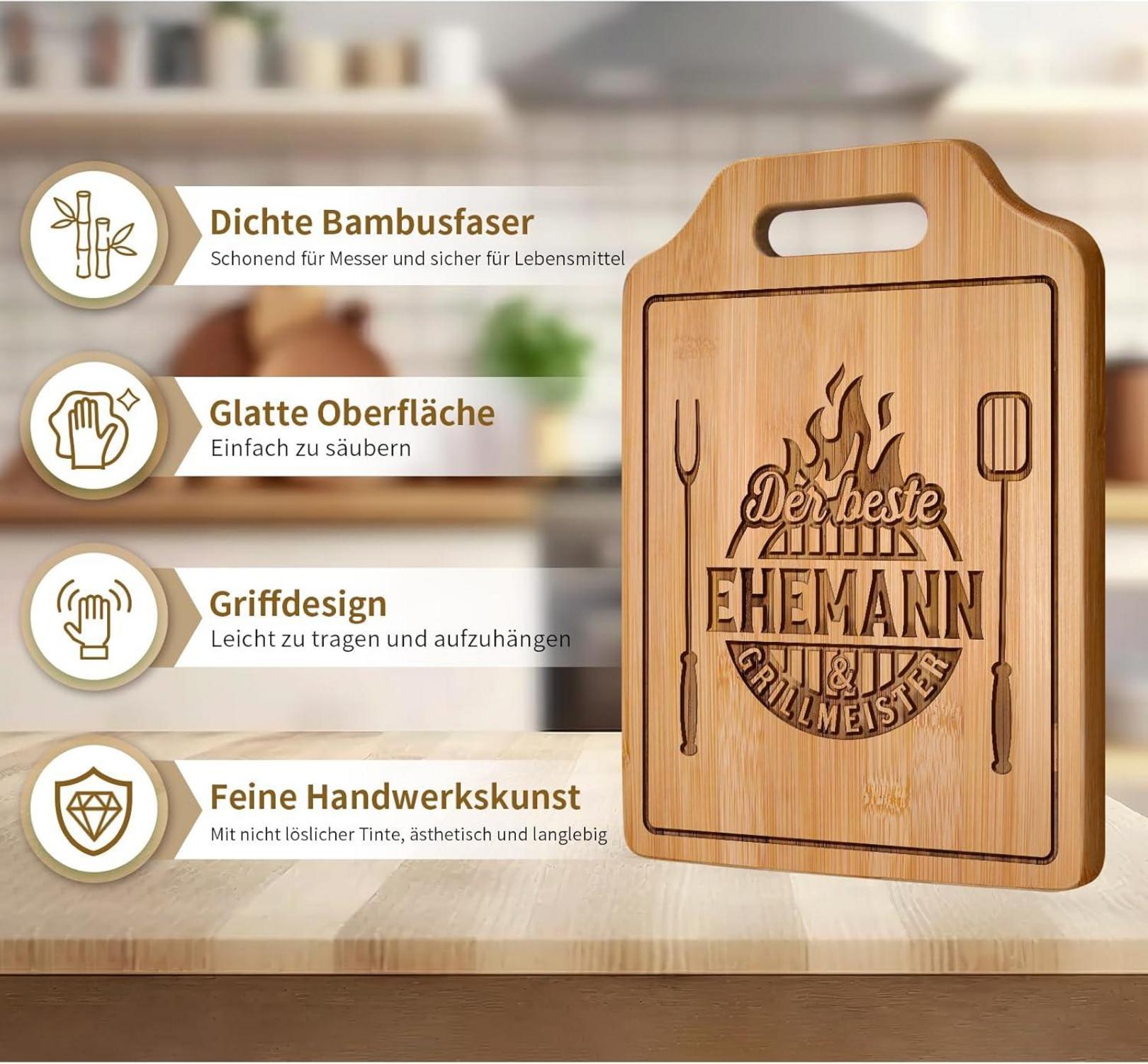 Hochwertiges Bambus Schneidebrett für Männer - Geschenk Ehemann, Hochzeitstag, Geburtstag, Jahrestag, Weihnachten