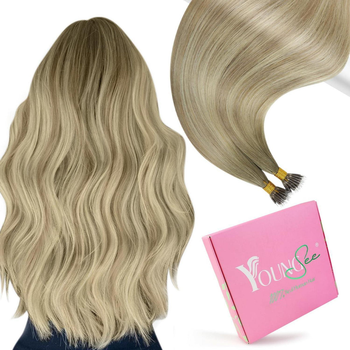 Blond Nanoring Extensions Echthaar Aschblond mit Platinblond 50cm