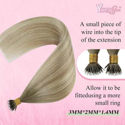 Blond Nanoring Extensions Echthaar Aschblond mit Platinblond 50cm