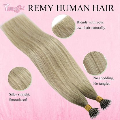 Blond Nanoring Extensions Echthaar Aschblond mit Platinblond 50cm