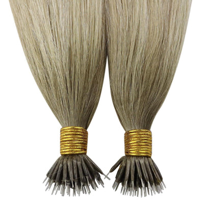 Blond Nanoring Extensions Echthaar Aschblond mit Platinblond 50cm