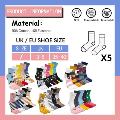 Damen Zehensocken Baumwolle Tier-Obst Muster 5er-Set Größe 35-40