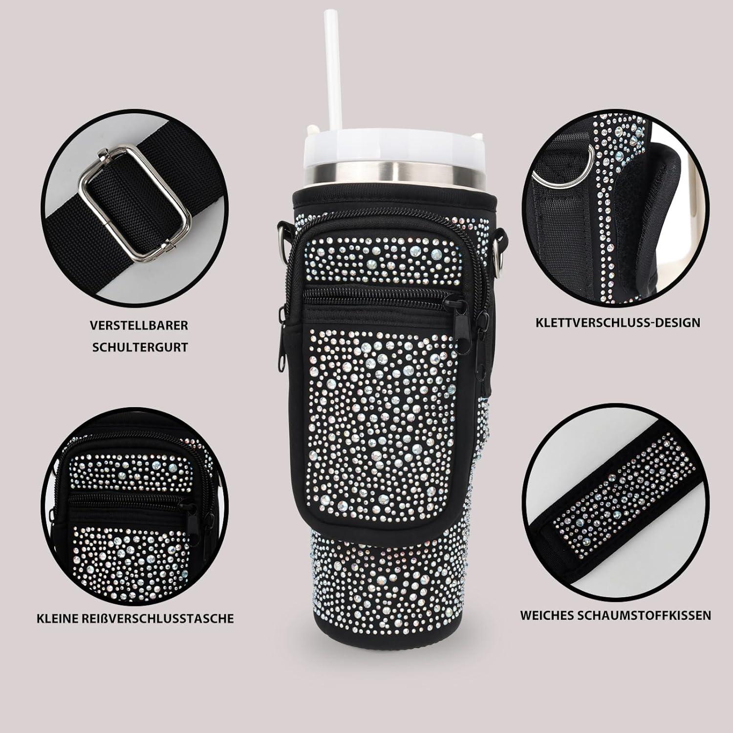 Schwarze Tragetasche für Stanley Cup 40 oz Wasserflasche mit verstellbarem Schultergurt