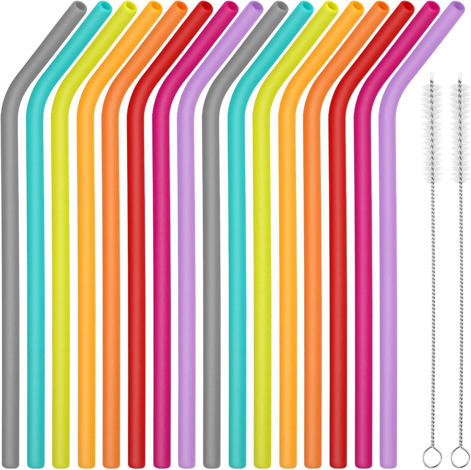16er Set Bunte Silikon Strohhalme mit Reinigungsbürste