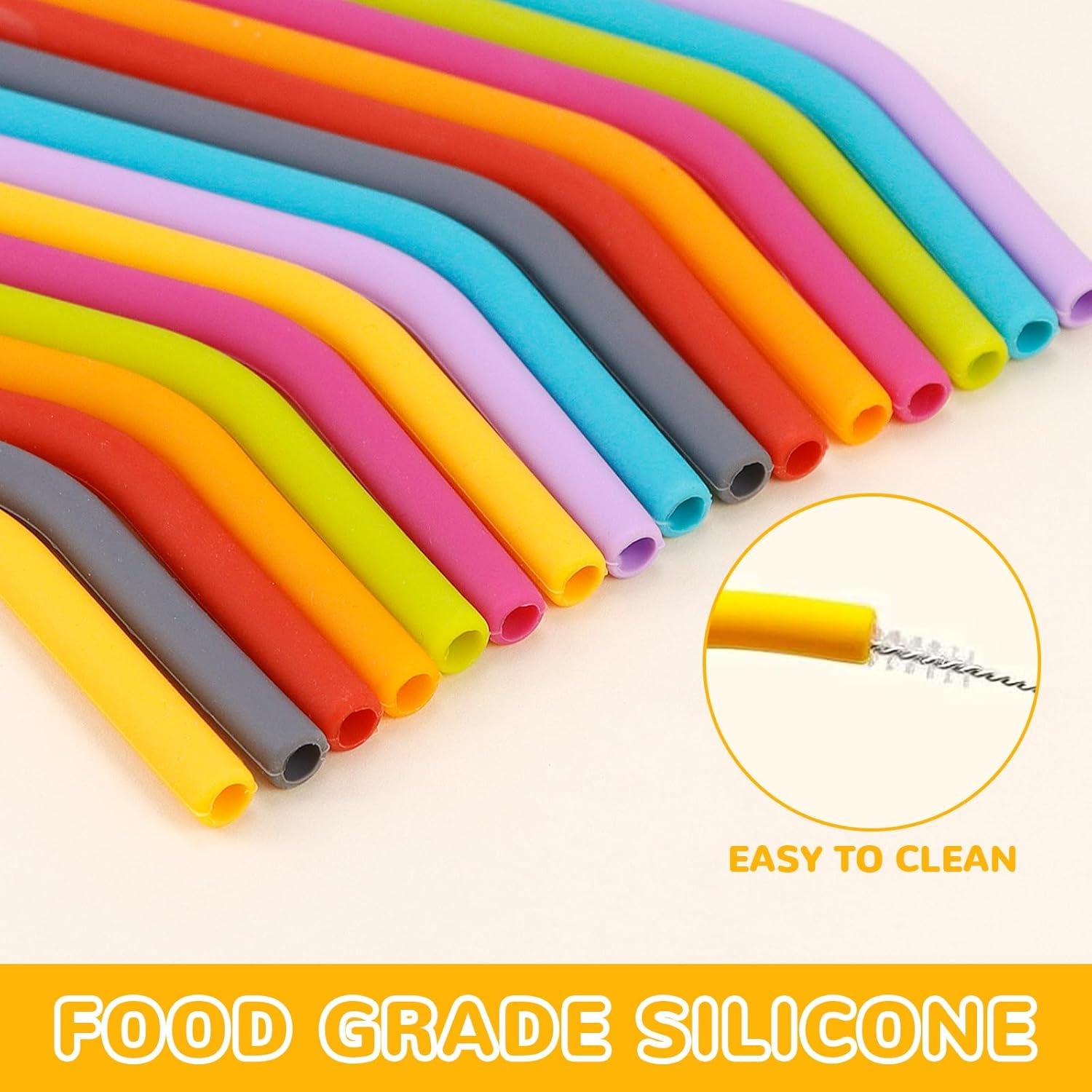 16 Silikon Strohhalme Trinkhalme Set mit Reinigungsbürste Bunt
