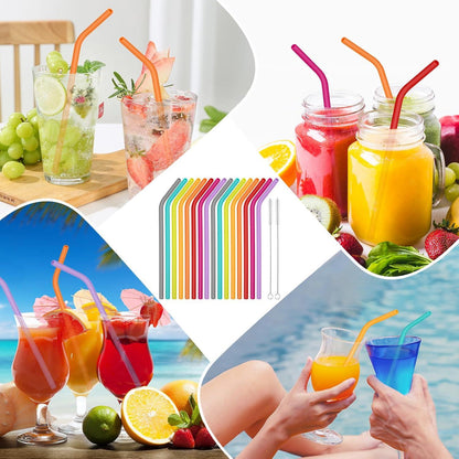 16 Silikon Strohhalme Trinkhalme Set mit Reinigungsbürste Bunt