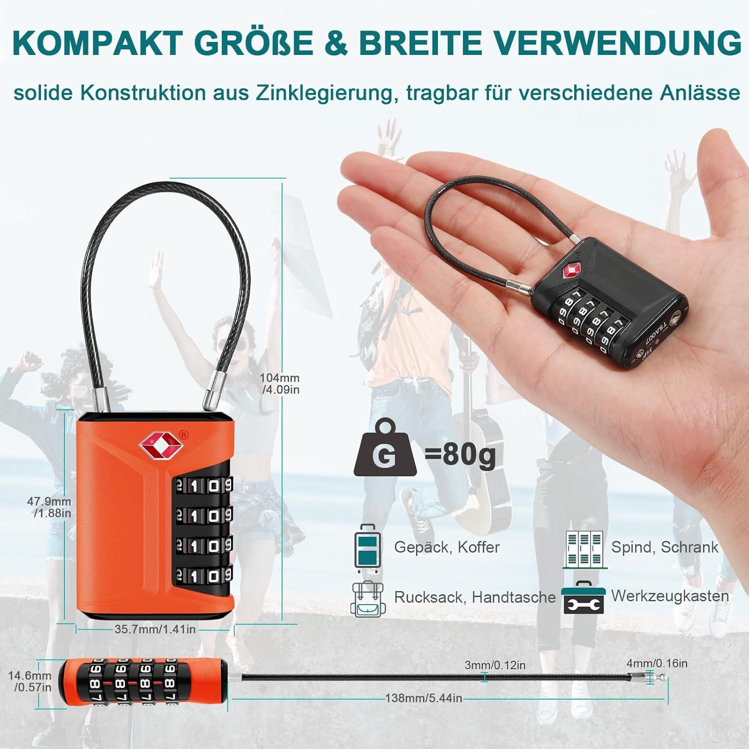 TSA Kofferschloss 4-Stellig Reiseschloss für Koffer Rucksäcke 2 Stücke Orange