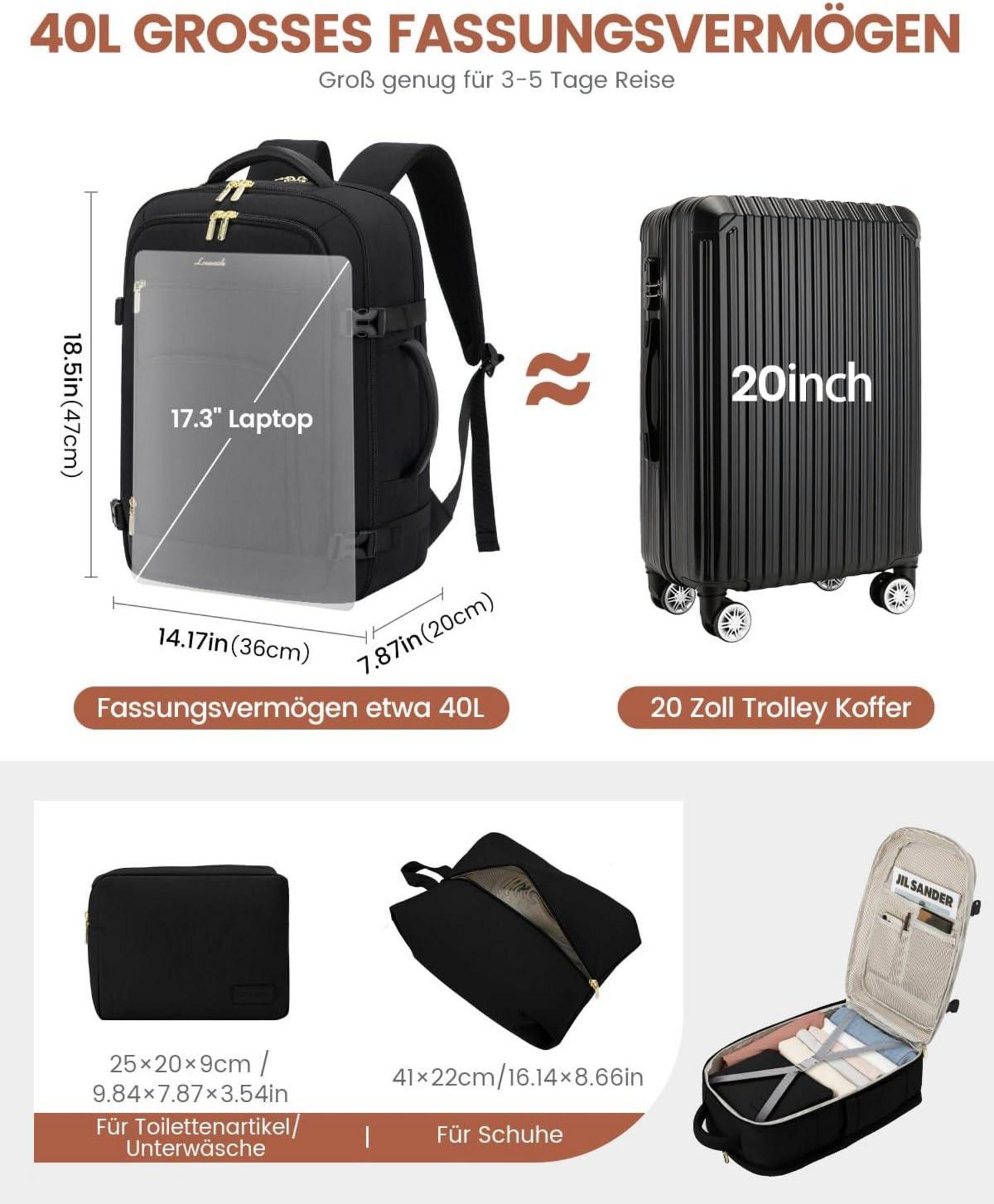 Handgepäck Rucksack Reiserucksack 40L Laptop Schwarz