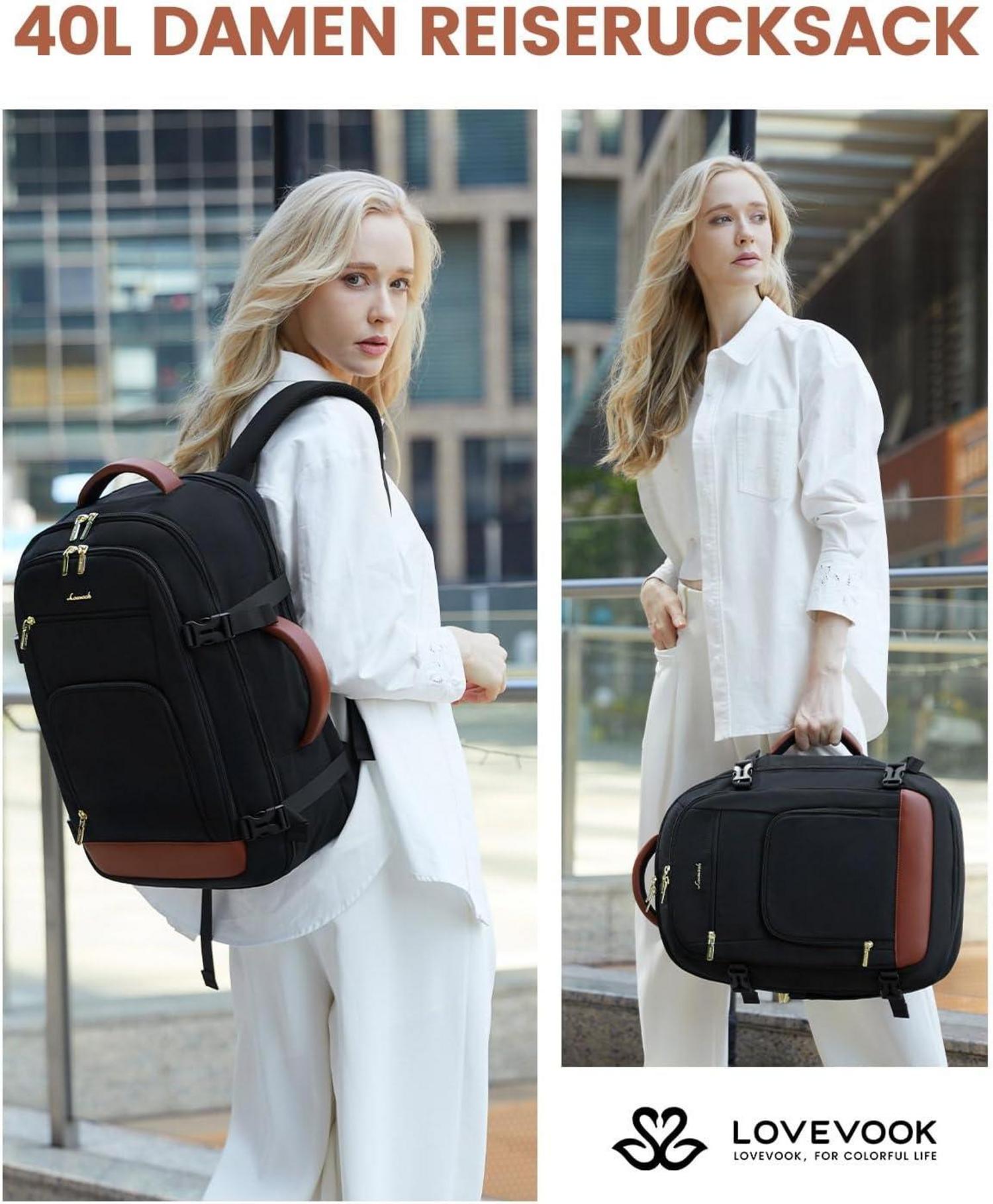 Handgepäck Rucksack 40L für 17 Zoll Laptop Damen Herren Schwarz