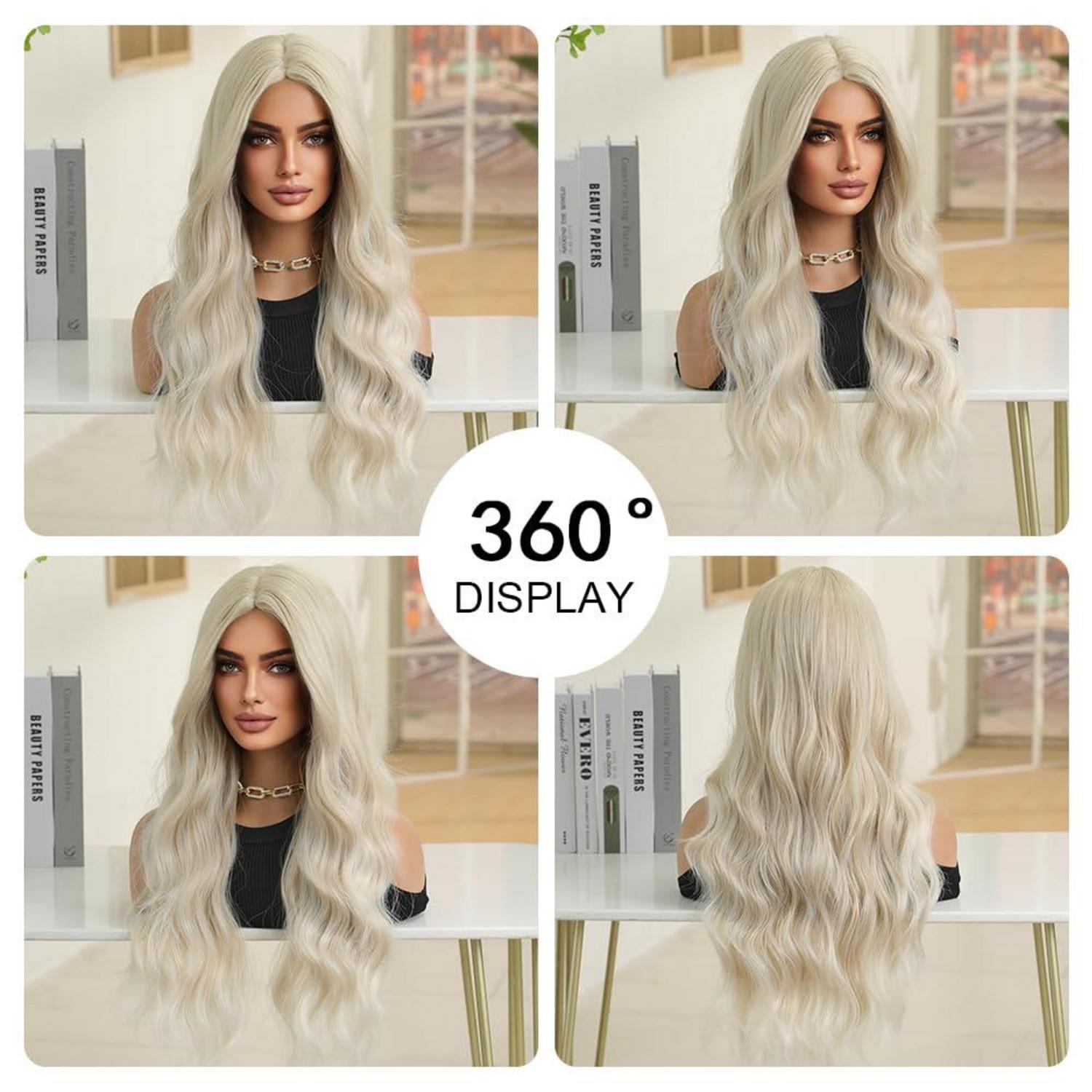 Lange Gewellte Hellblonde Ombre Perücke Hitzebeständig Synthetisch für
