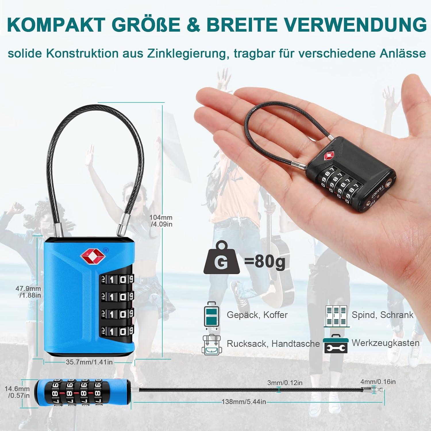TSA Kofferschloss 4-Stellig Blau 2 Stücke Reiseschloss Rucksäcke Zelt