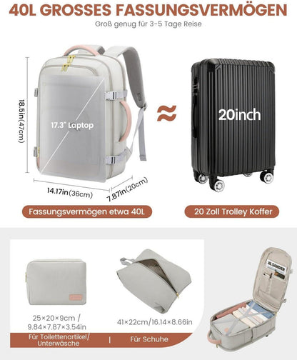 Handgepäck Rucksack 40L für Reise mit Laptopfach Grau