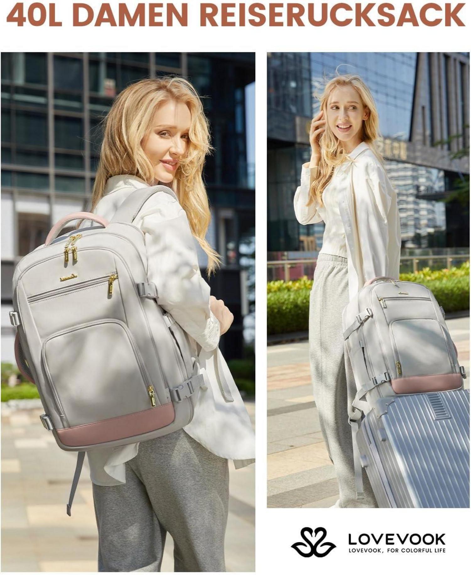 Handgepäck Rucksack 40L für Damen, 17 Zoll Laptop, Grau
