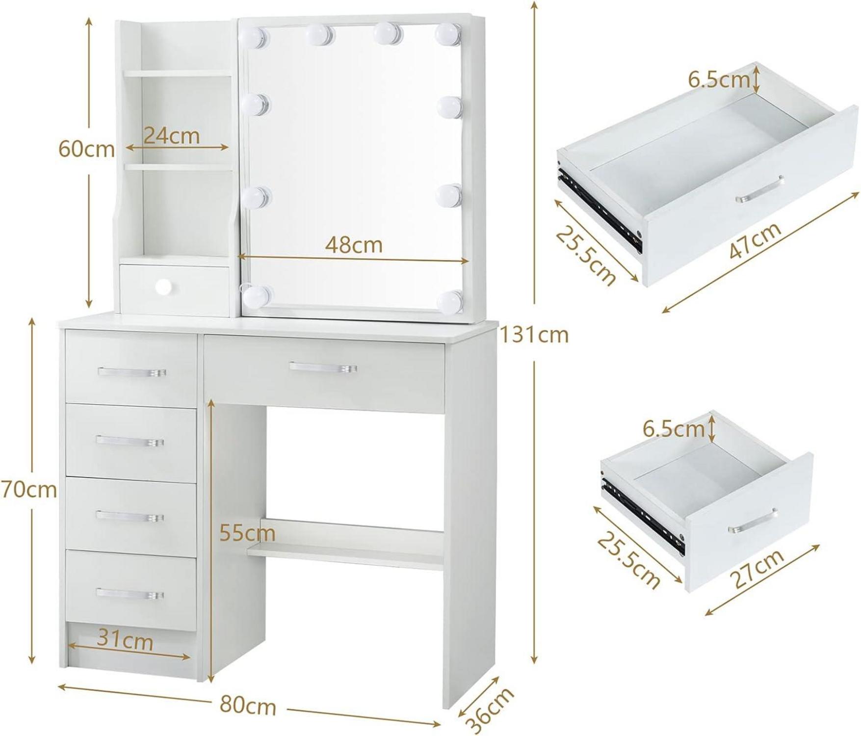 Schminktisch mit LED-Beleuchtung, Spiegel und Hocker, 3-farbige