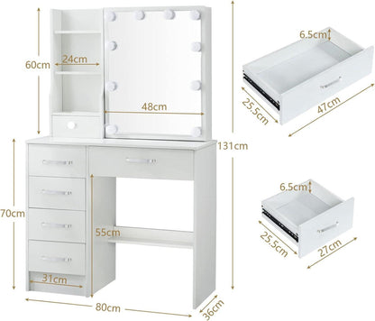 Schminktisch mit LED-Beleuchtung, Spiegel und Hocker, 3-farbige
