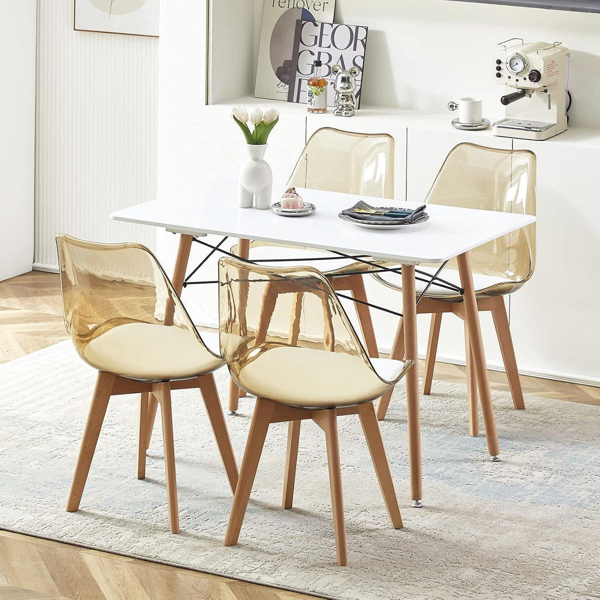 Transparente Esszimmerstühle Set 8 – Skandinavischer Stil mit Holzbeinen