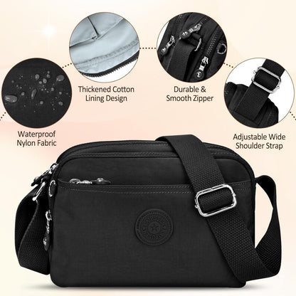 Damen Umhängetasche Nylon Wasserdicht Crossbody 10 Taschen Schwarz
