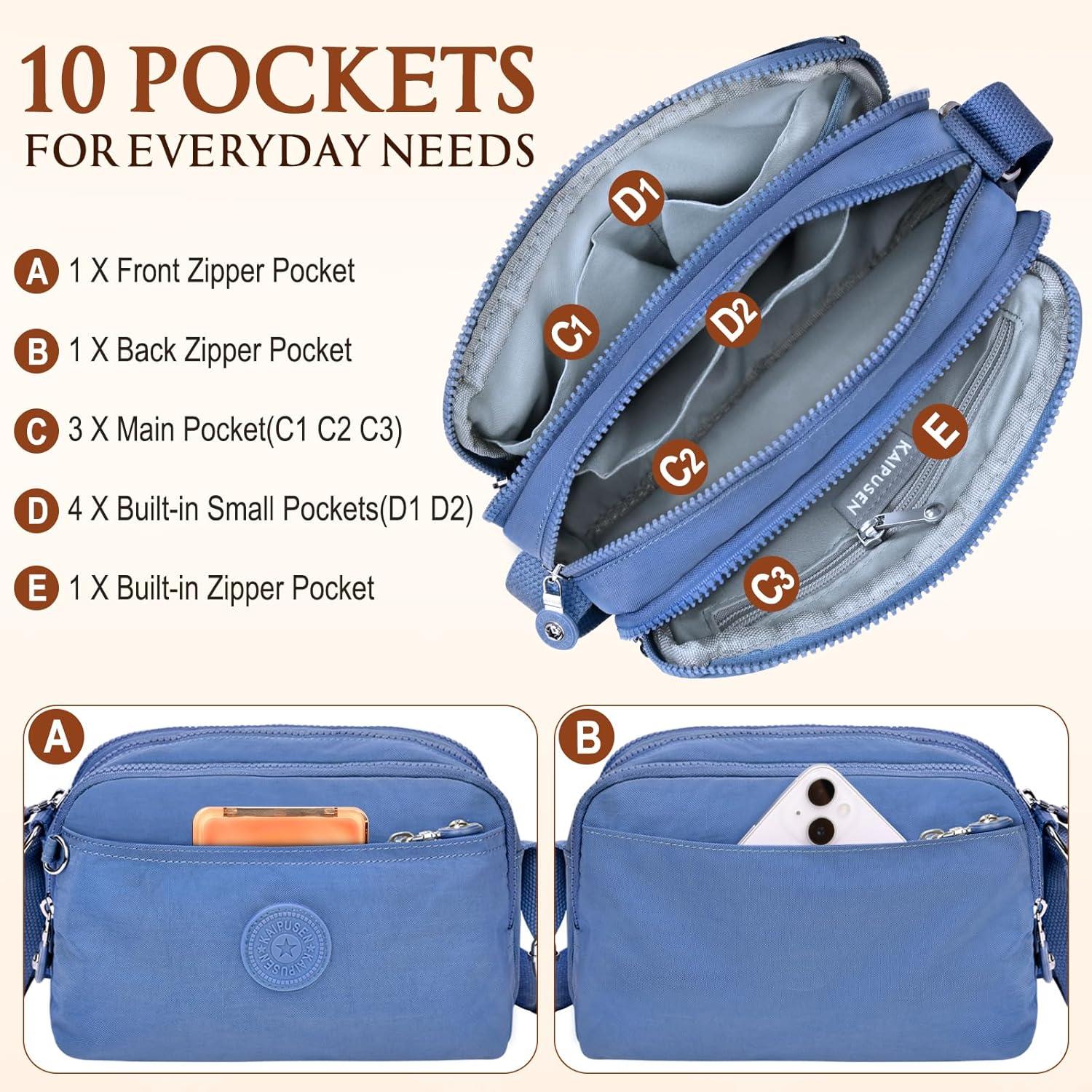 Umhängetasche Damen Nylon Wasserdicht Crossbody Bag mit 10 Taschen