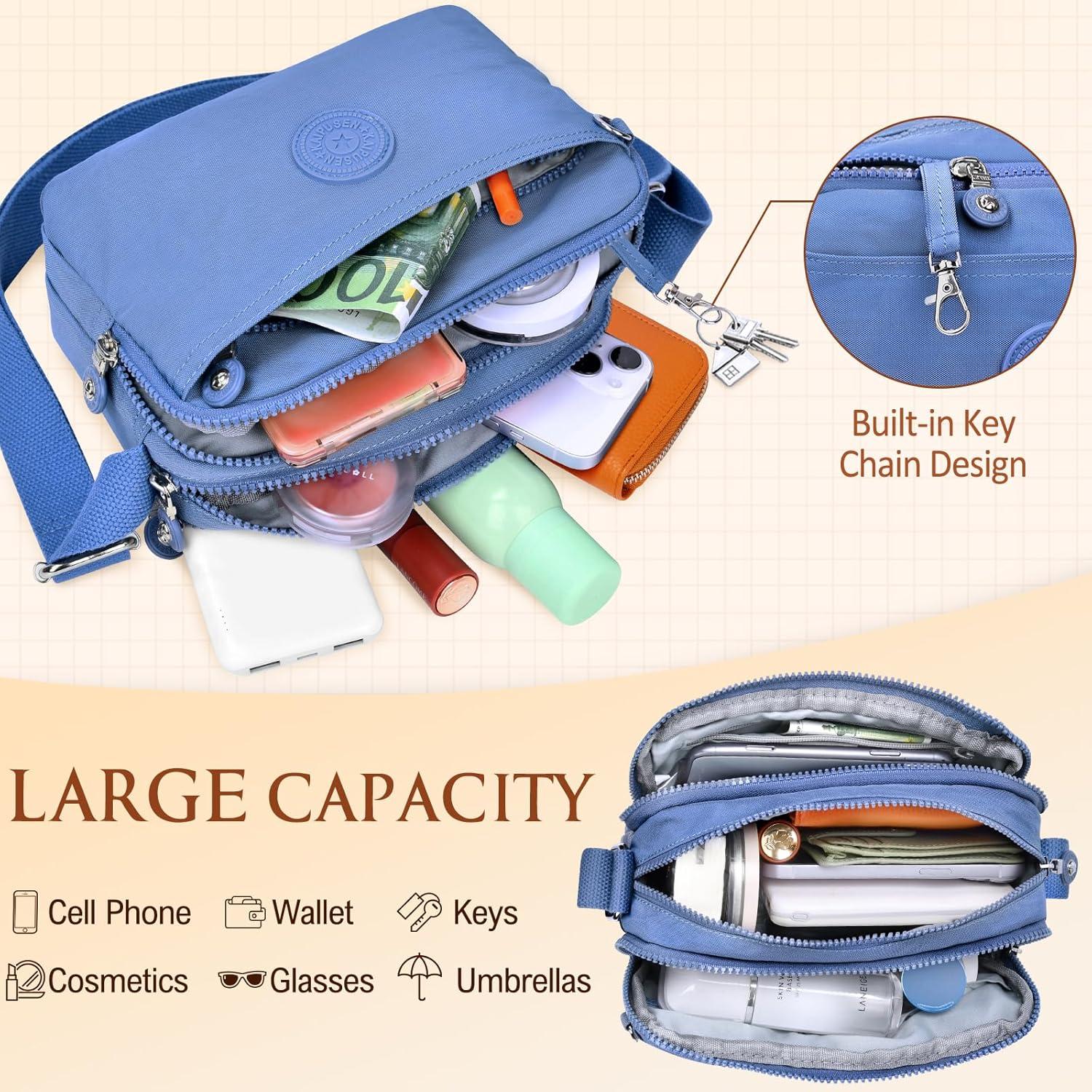 VOBUKE Damen Umhängetasche Nylon Wasserdicht Crossbody Bag mit 10 Taschen Blau