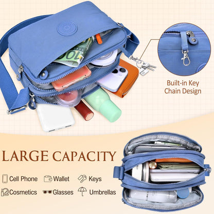VOBUKE Damen Umhängetasche Nylon Wasserdicht Crossbody Bag mit 10 Taschen Blau