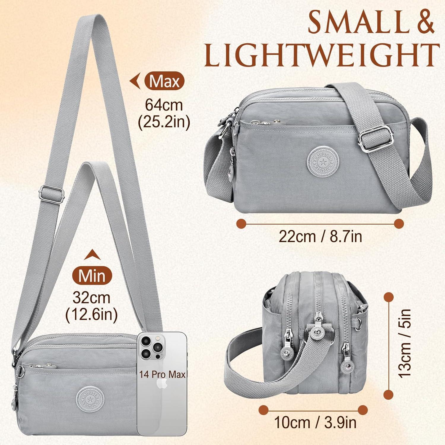Kleine Umhängetasche Damen Nylon Wasserdicht Crossbody Bag 10 Taschen Beige Grau