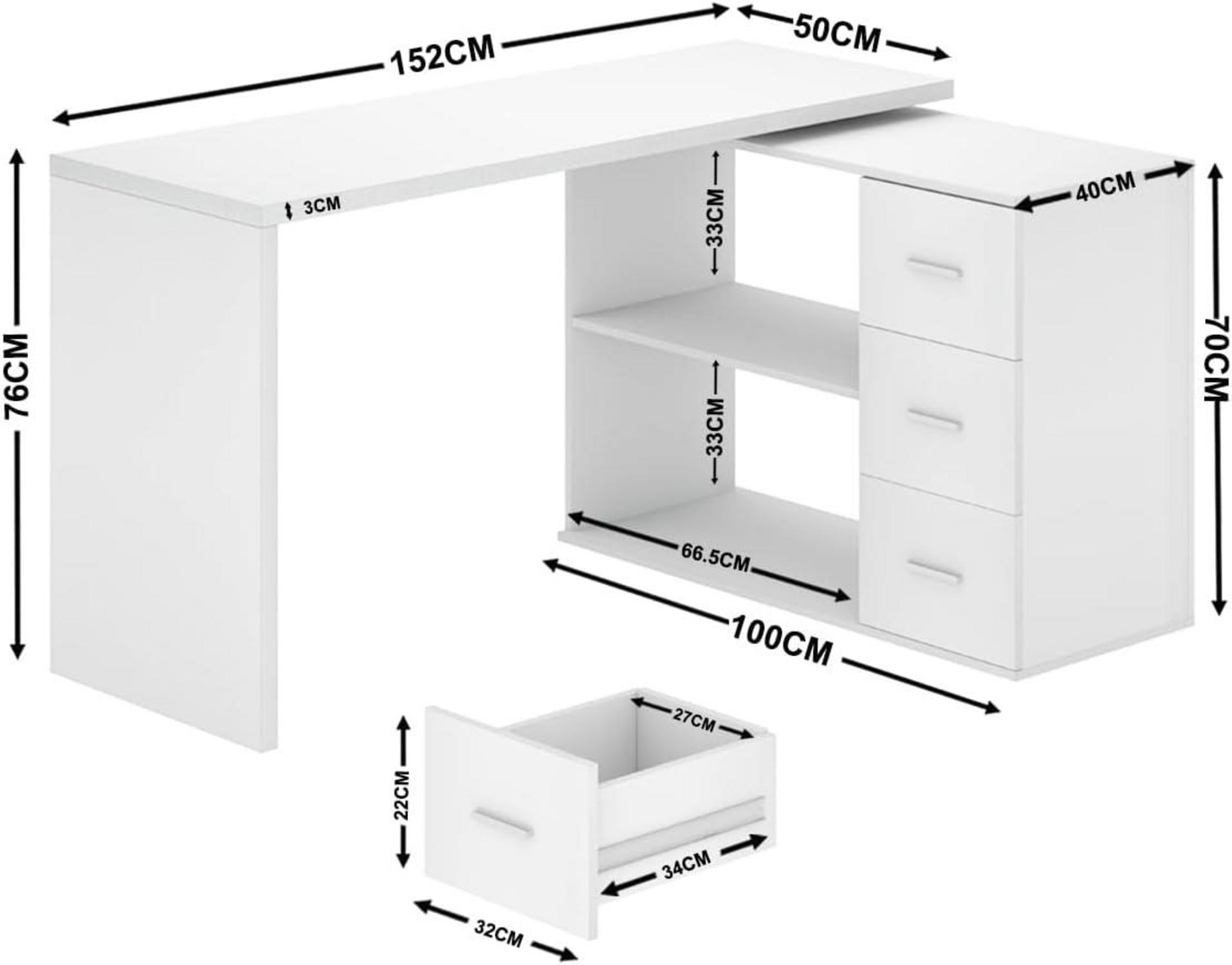 L-förmiger Schreibtisch Weiß mit Schubladen und Regalen