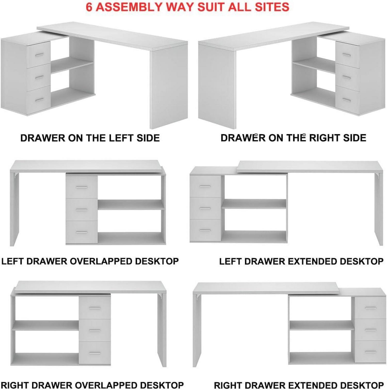 Schreibtisch L Form Weiß mit 3 Schubladen und 2 Regalen 152 x 50 x 76