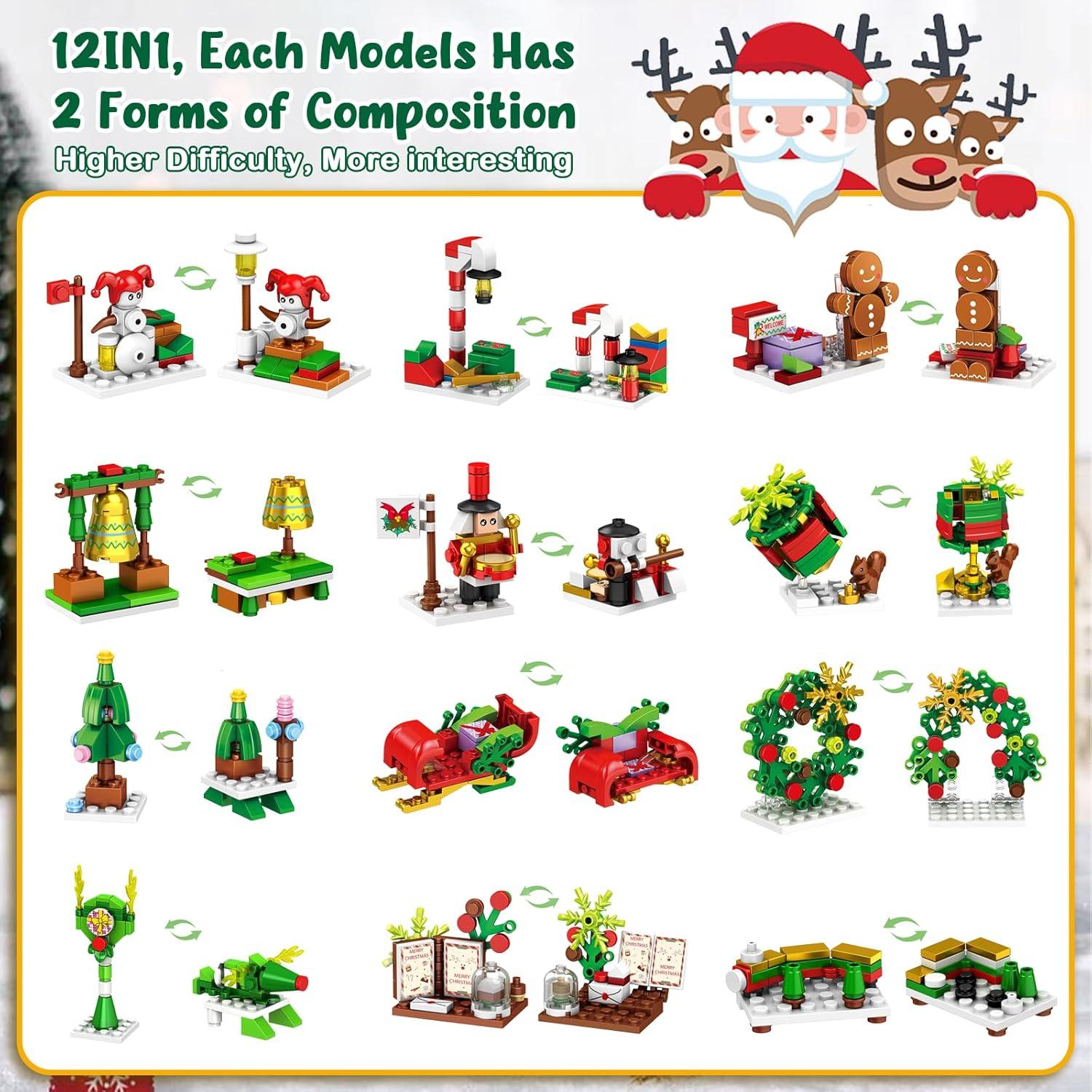 Eveanro Adventskalender 2024 Weihnachts-Countdown-Set 12-in-1 Bausteine Kinder